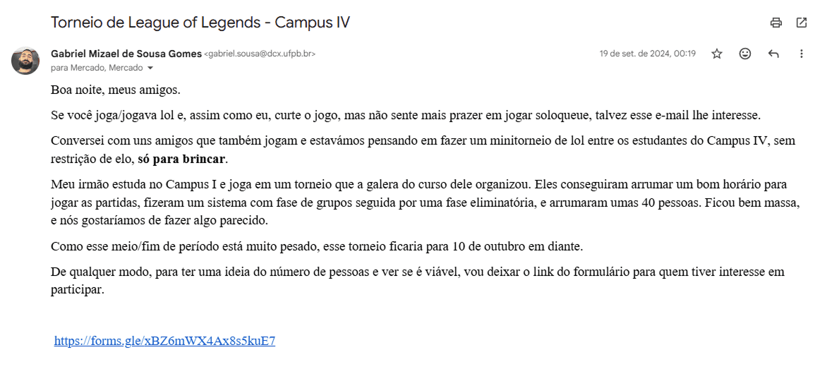 Email enviado ao Mercado DCX